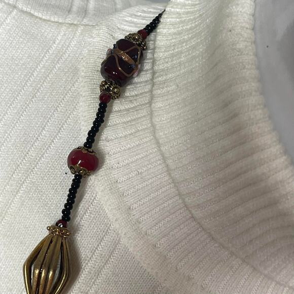 Chico's black and red beaded necklace long painted beads signed costume jewelry - Picture 2 of 14